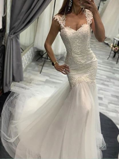 Sexy Mermaid Wedding Dresses Appliqued Beads Cap Sleeves Detachable Sweep Train Tulle Bridal Gowns Custom Made