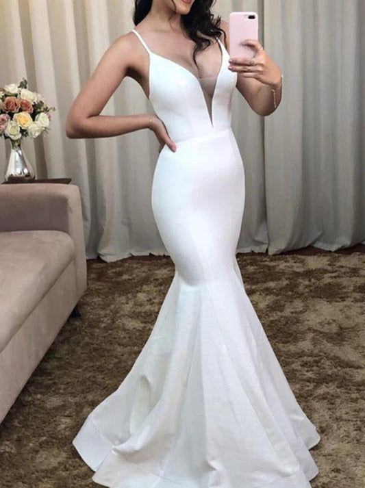 Simple Mermaid Wedding Dresses Spaghetti Sleeveless Lace Up Satin Sweep Train Bridal Gowns Custom Made