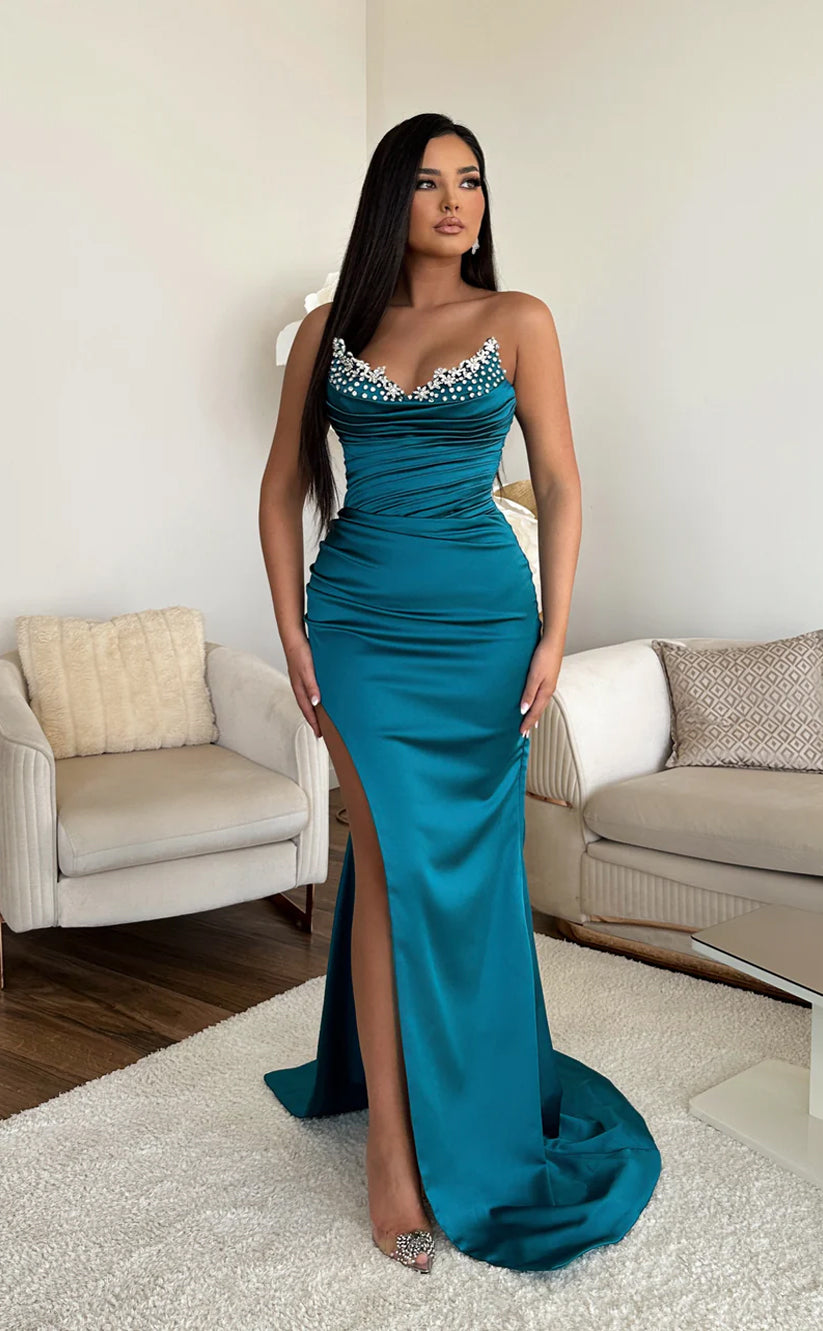 RP680-Eleagnt Purple Mermaid Sweetheart Beads Ruched Sleeveless Floor Length Prom Evening Dresses Formal Party Gowns With Slit