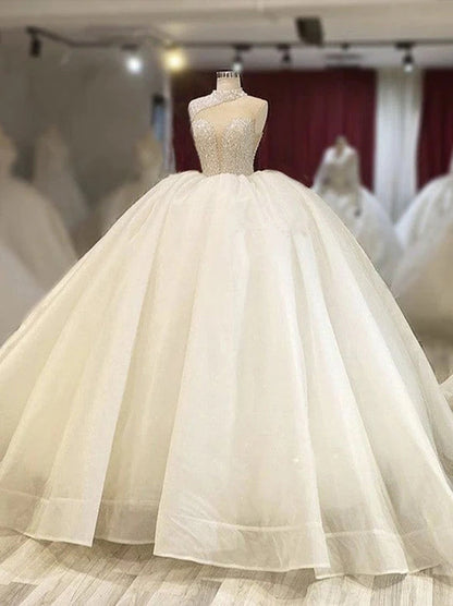 Romantic Ball Gown Wedding Dresses High Collar Beads Crystals Lace Up Floor Length Organza Bridal Gowns Custom Made