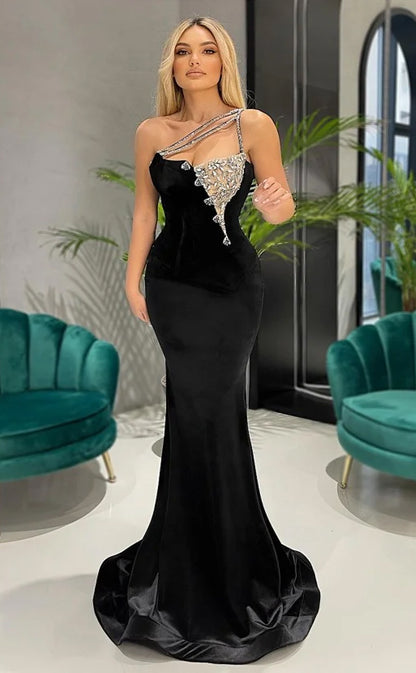 RP700-Eleagnt Black Mermaid One Shoulder Beads Crystals Sleeveless Floor Length Velvet Prom Evening Dresses Formal Party Gowns