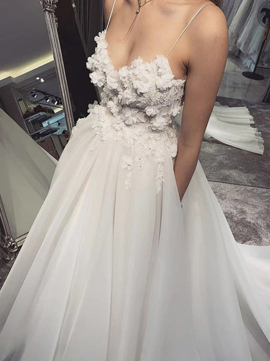 Charming A-Line Wedding Dresses Spaghetti Appliques Sleeveless Backless Organza Bridal Gowns Custom Made