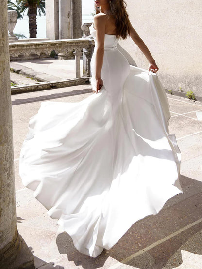 Simple & Elegant Mermaid Wedding Dresses Sweetheart Pleated Beads Satin Sweep Train Bridal Gowns With Side Slit