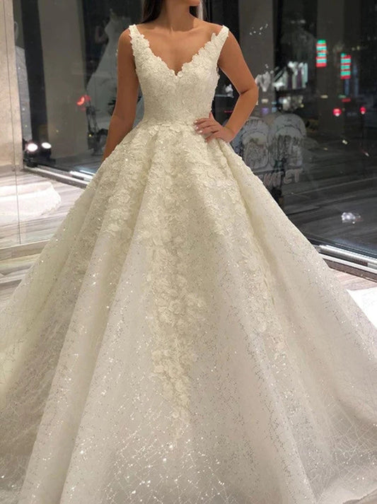 Charming Ball Gown Wedding Dresses V-Neck Appliqued Sequins Backless Tulle Sweep Train Bridal Gowns Custom Made