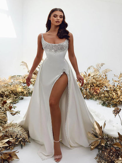 Sparkling & Elegant Mermaid Wedding Dresses Spaghetti Sequins Beads Satin Sweep Train Bridal Gowns With Side Slit