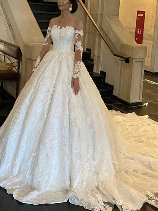 Elegant Ball Gown Off The Shoulder Long Sleeves Appliqued Court Train Satin Bridal Gowns Custom Made