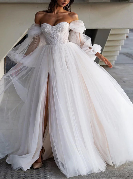 Simple & Elegant A-Line Wedding Dresses Sweetheart Pleated Appliqued Detachable Long Sleeves Tulle Sweep Train Bridal Gowns With Slit