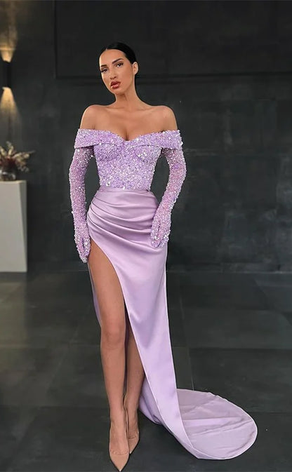 RP705-Charming Mermaid Off-the-Shoulder Beads Sequins Long Sleeves Long Prom Evening Dresses Formal Party Gowns With Slit