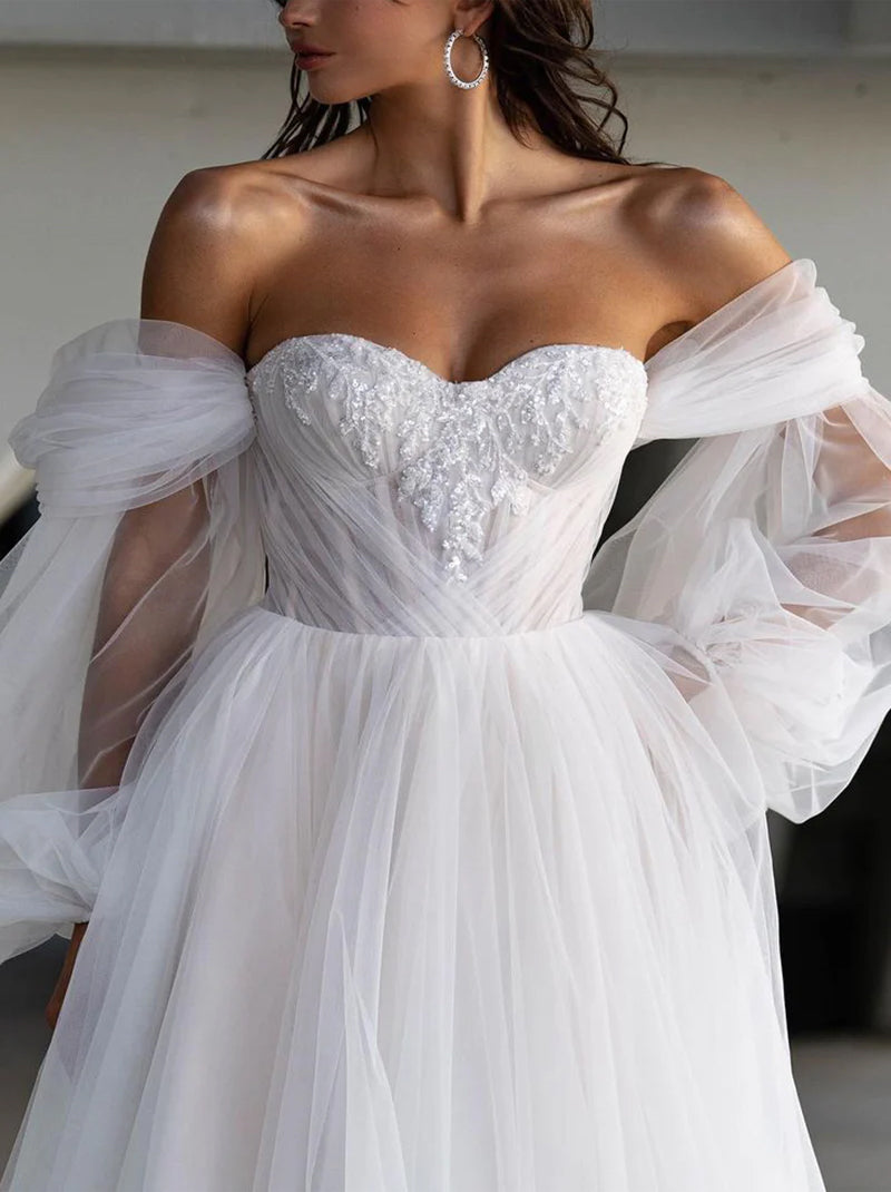 Simple & Elegant A-Line Wedding Dresses Sweetheart Pleated Appliqued Detachable Long Sleeves Tulle Sweep Train Bridal Gowns With Slit