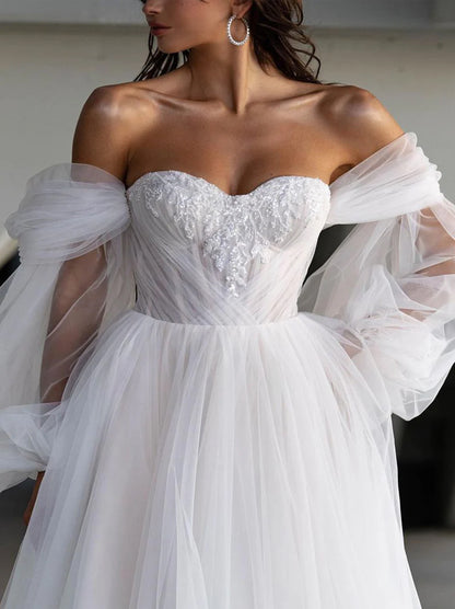 Simple & Elegant A-Line Wedding Dresses Sweetheart Pleated Appliqued Detachable Long Sleeves Tulle Sweep Train Bridal Gowns With Slit