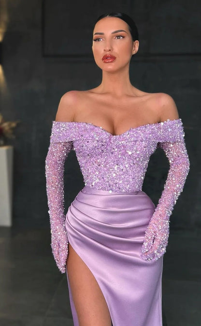 RP705-Charming Mermaid Off-the-Shoulder Beads Sequins Long Sleeves Long Prom Evening Dresses Formal Party Gowns With Slit