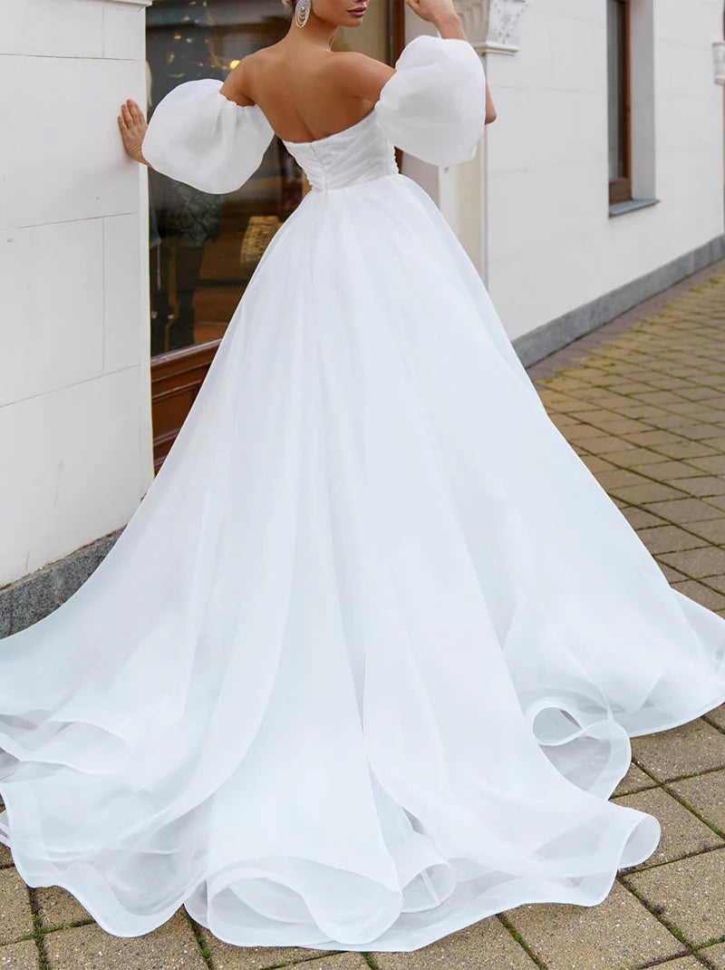 Simple & Elegant A-Line Wedding Dresses Sweetheart Pleated Detachable Puffy Sleeves Organza Sweep Train Bridal Gowns