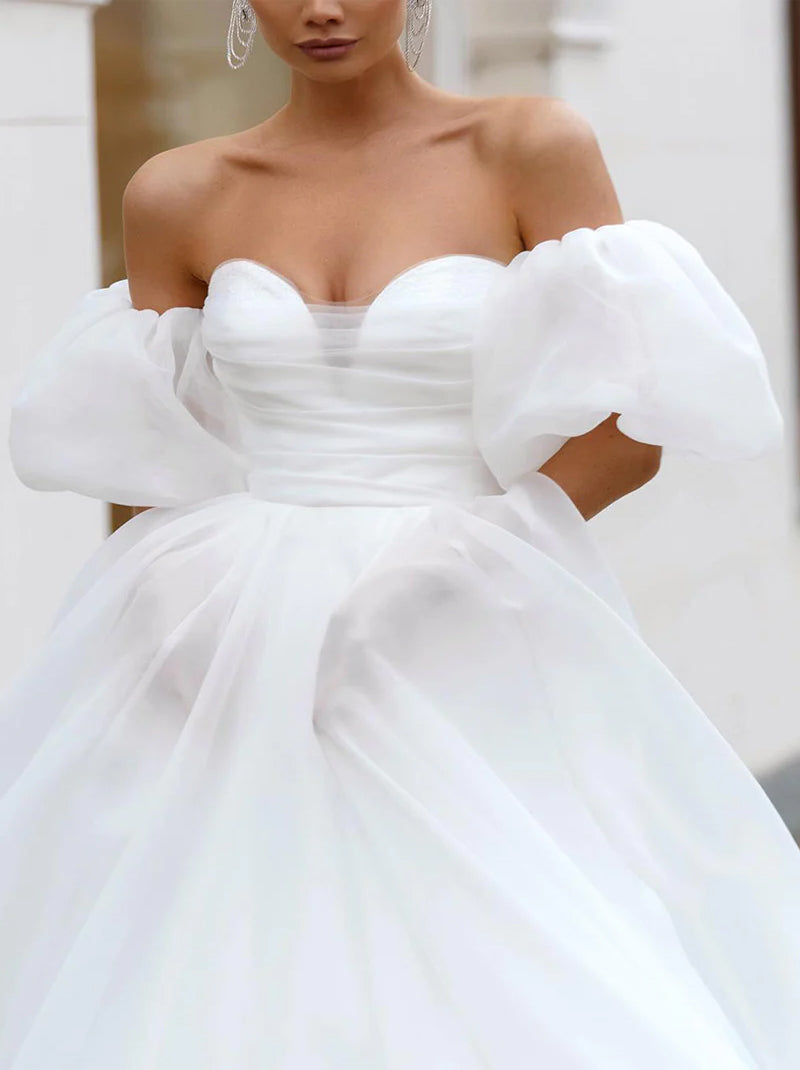 Simple & Elegant A-Line Wedding Dresses Sweetheart Pleated Detachable Puffy Sleeves Organza Sweep Train Bridal Gowns