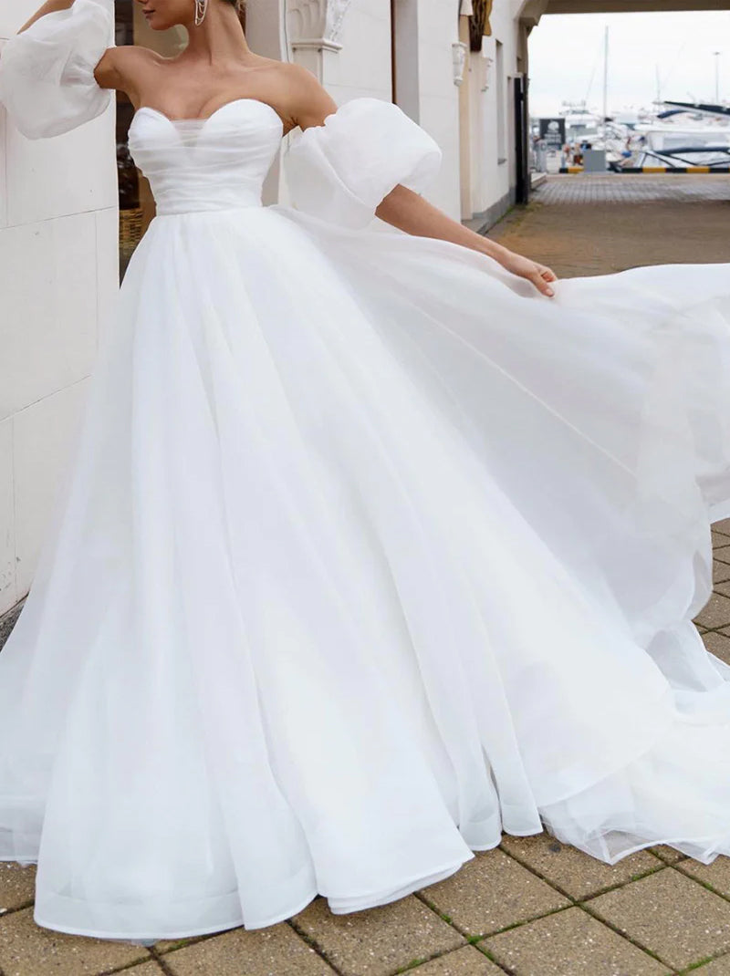 Simple & Elegant A-Line Wedding Dresses Sweetheart Pleated Detachable Puffy Sleeves Organza Sweep Train Bridal Gowns