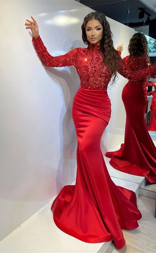 RP704-Eleagnt Red Mermaid High Neck Beads Sequins Long Sleeves Prom Evening Dresses Formal Party Gowns