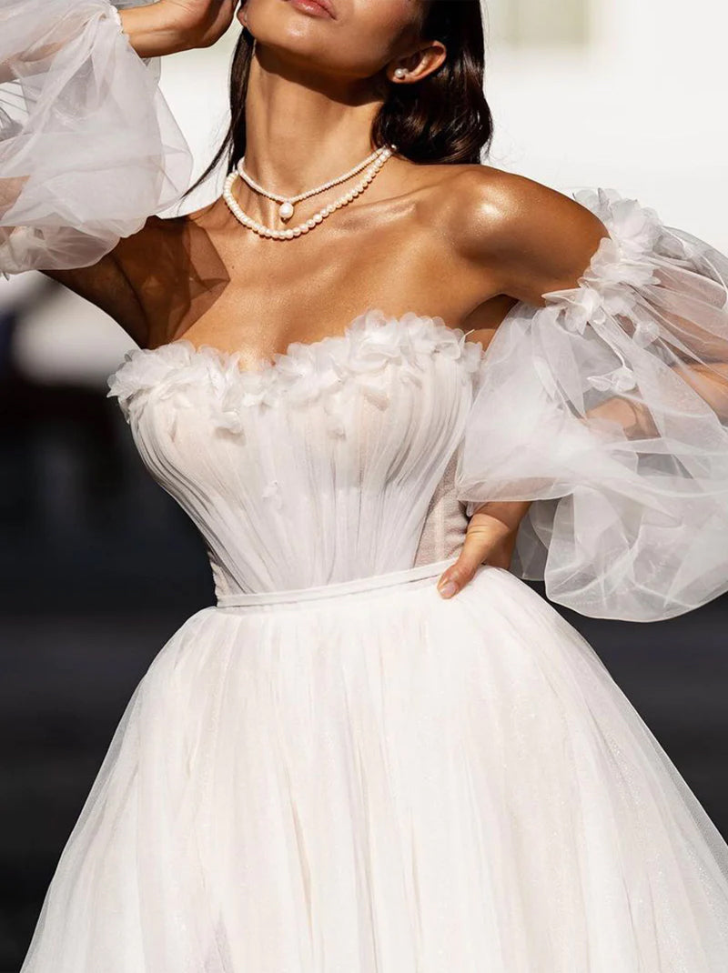 Simple & Elegant A-Line Wedding Dresses Sweetheart Pleated Detachable Long Sleeves Tulle Sweep Train Bridal Gowns With Slit