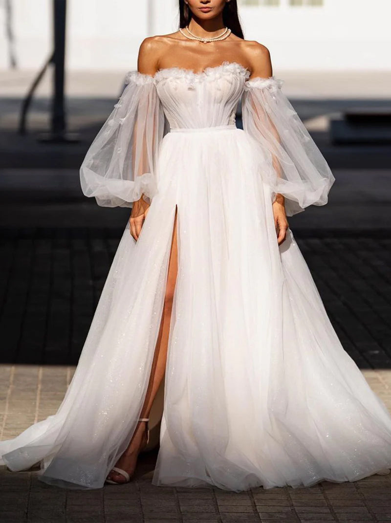 Simple & Elegant A-Line Wedding Dresses Sweetheart Pleated Detachable Long Sleeves Tulle Sweep Train Bridal Gowns With Slit