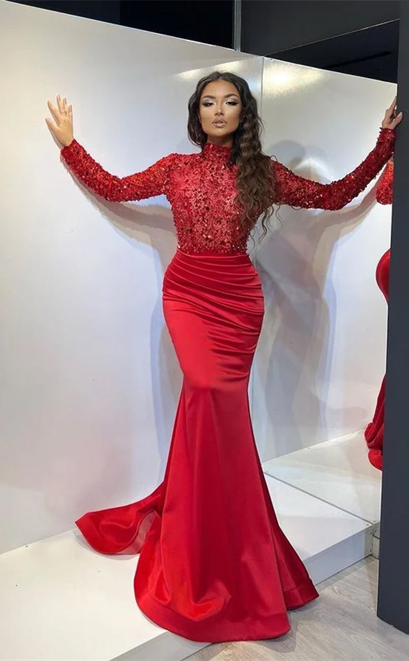 RP704-Eleagnt Red Mermaid High Neck Beads Sequins Long Sleeves Prom Evening Dresses Formal Party Gowns