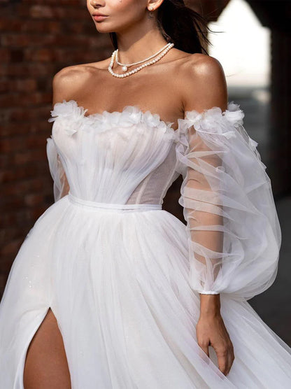 Simple & Elegant A-Line Wedding Dresses Sweetheart Pleated Detachable Long Sleeves Tulle Sweep Train Bridal Gowns With Slit