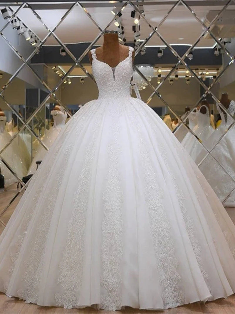 Eleagant Ball Gown Wedding Dresses Spaghetti Appliqued Beads Sweep Train Lace Up Bridal Gowns Custom Made