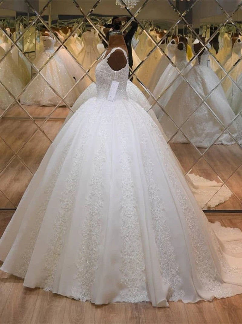 Eleagant Ball Gown Wedding Dresses Spaghetti Appliqued Beads Sweep Train Lace Up Bridal Gowns Custom Made