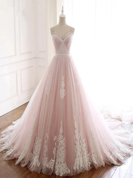 Floral A-Line Wedding Dresses Sweetheart Spaghetti Beads Pleated Lace Up Tulle Court Train Bridal Gowns Custom Desigh