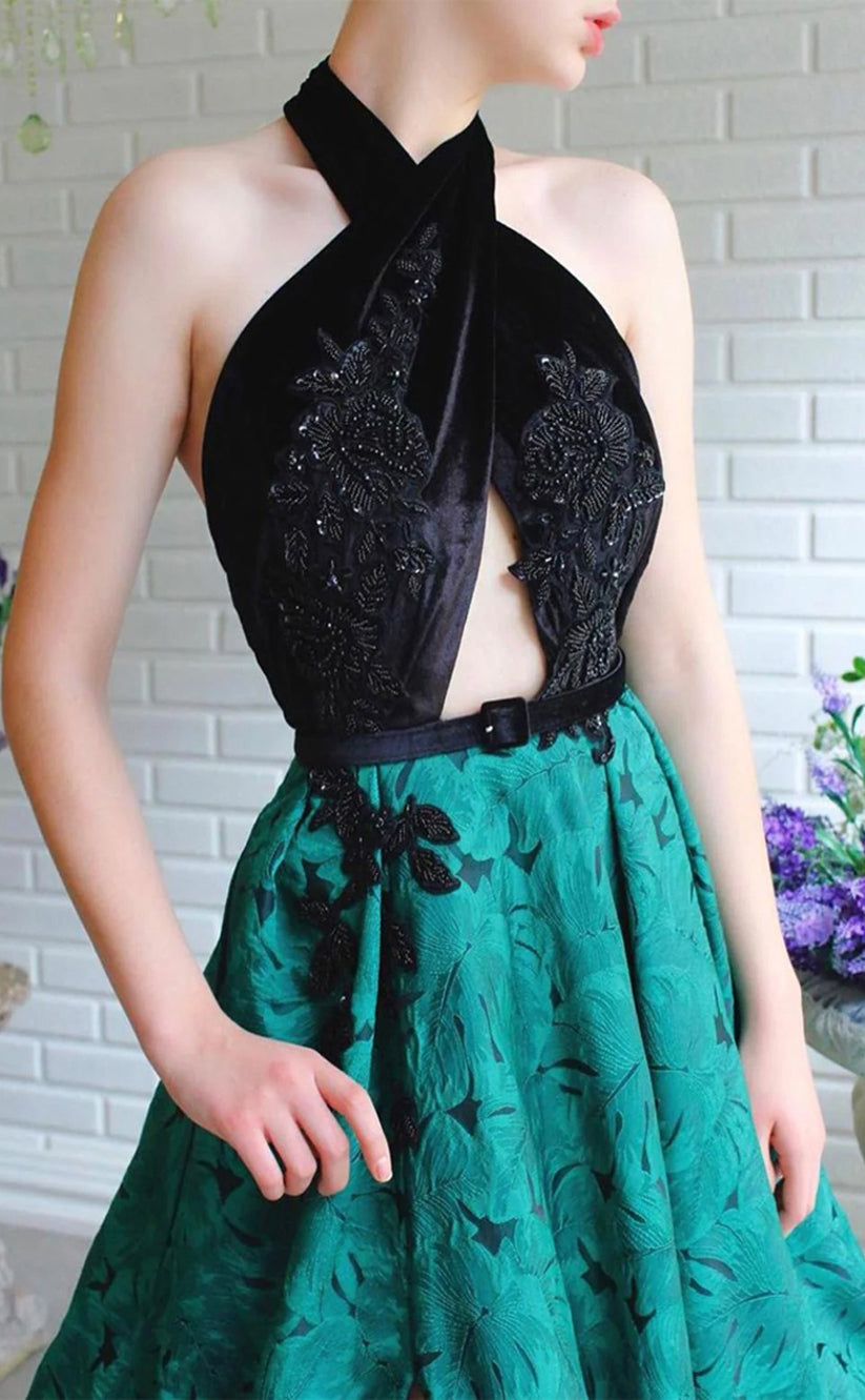 RP177-Green A-Line Halter Sleeveless Appliqued Long Prom Evening Dresses Formal Party Gowns With Slit