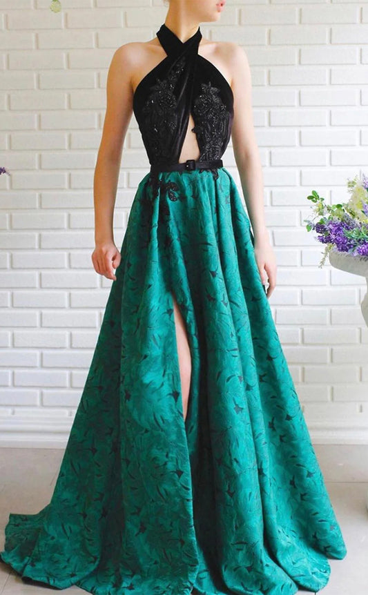 RP177-Green A-Line Halter Sleeveless Appliqued Long Prom Evening Dresses Formal Party Gowns With Slit