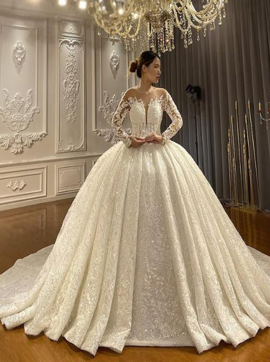 Luxury Ball Gown Wedding Dresses Jewel Long Sleeves Lace Appliques Pleated Court Train Satin Bridal Gowns For Women