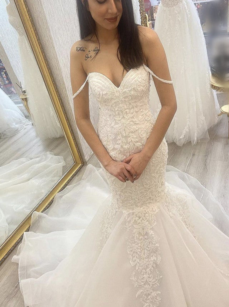 Romantic Mermaid Wedding Sweetheart Sleeveless Appliqued Beads Sweep Train Organza Bridal Gowns Custom Made