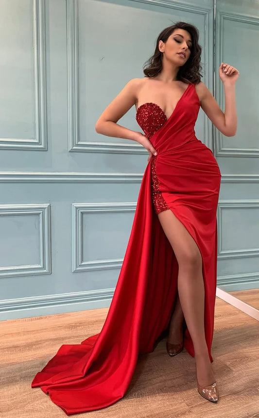 RP116-Red Sexy Mermaid One Shoulder Sleeveless Beads  Pleated High Side Slit Long Satin Evening Dresses Party Prom Gowns Custom