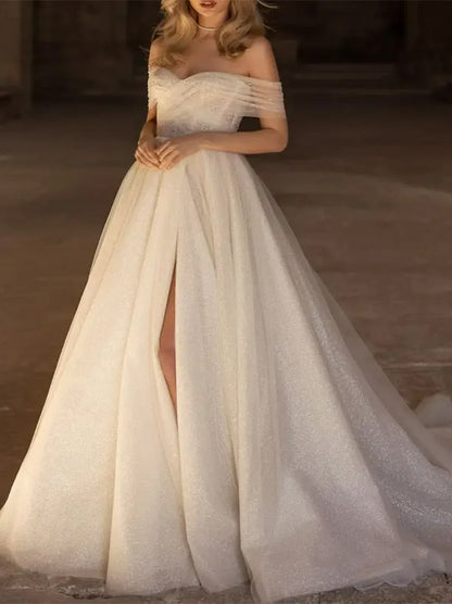 Gorgeous & Elegant A-Line Beach Wedding Dresses Sweetheart Sequins Detachable Long Sleeves Tulle Court Train Bridal Gowns With Slit