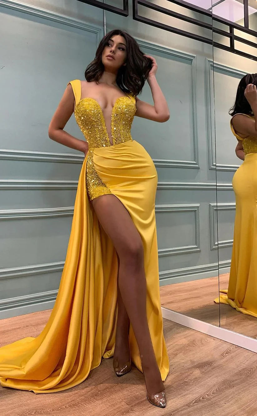 RP144-Yellow Mermaid Spaghetti Sleeveless Sequins Long Prom Evening Dresses Formal Party Gowns With Slit