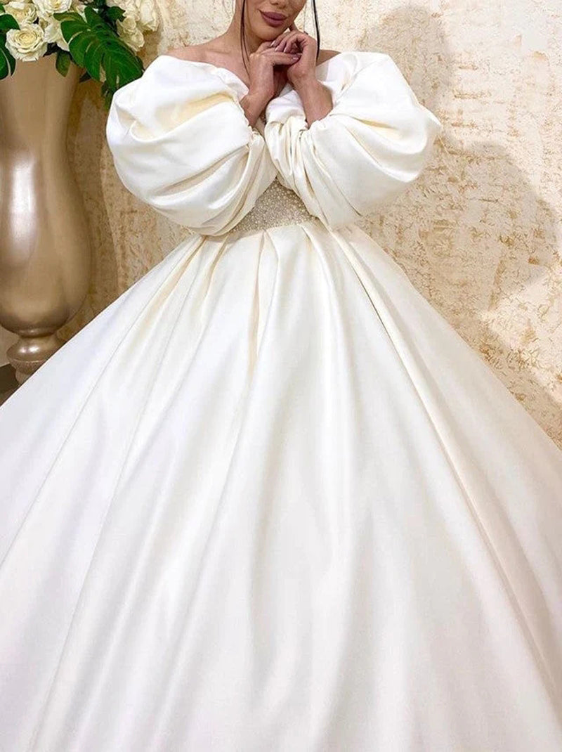 Charming Ball Gown Wedding Dresses Sweetheart Beads Pearls Puffy Long Sleeves Sweep Train Satin Bridal Gowns Custom Made