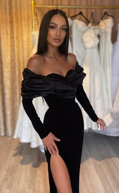 RP710-Elegant Mermaid Off-the-Shoulder Beads Sequins Ruched Cap Sleeves Long Prom Evening Dresses Formal Party Gowns With Slit