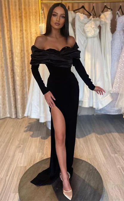 RP710-Elegant Mermaid Off-the-Shoulder Beads Sequins Ruched Cap Sleeves Long Prom Evening Dresses Formal Party Gowns With Slit