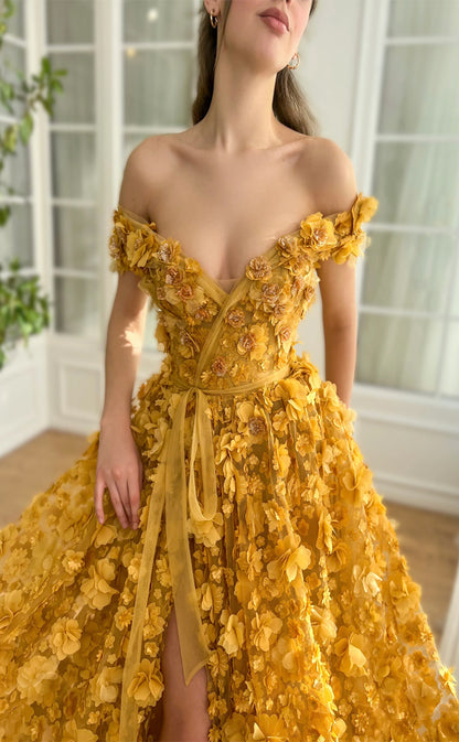 RP157-Orange A-Line Off-the-Shoulder Sleeveless 3D Flowers Long Prom Evening Dresses Formal Party Gowns With Slit