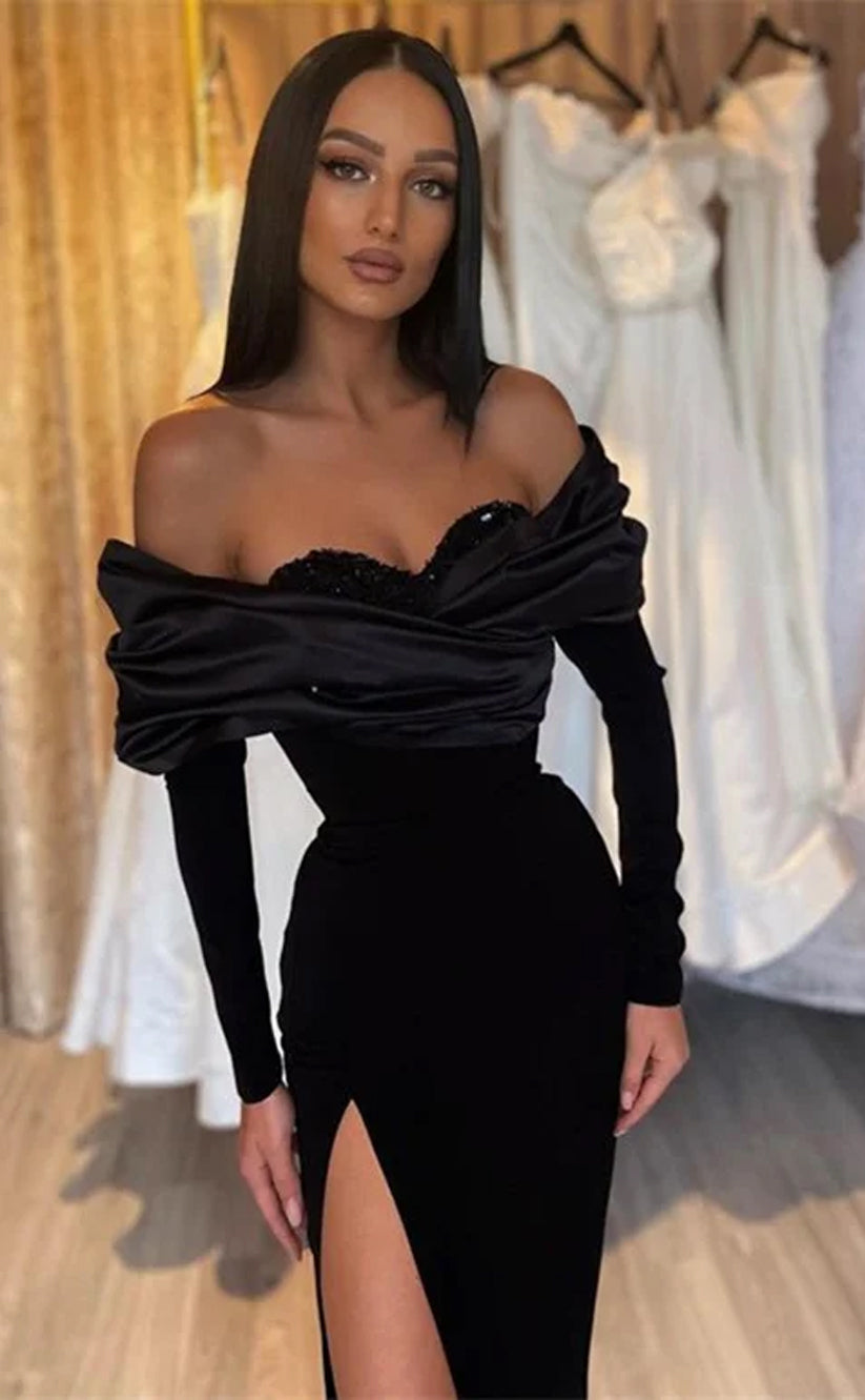 RP710-Elegant Mermaid Off-the-Shoulder Beads Sequins Ruched Cap Sleeves Long Prom Evening Dresses Formal Party Gowns With Slit