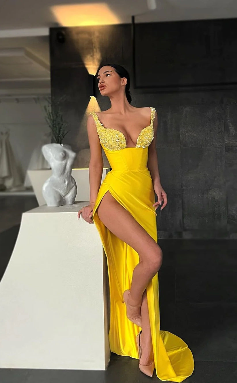 RP713-Gorgeous Yellow Mermaid Spaghetti Beads Sequins Sleeveless Long Prom Evening Dresses Formal Party Gowns With Slit