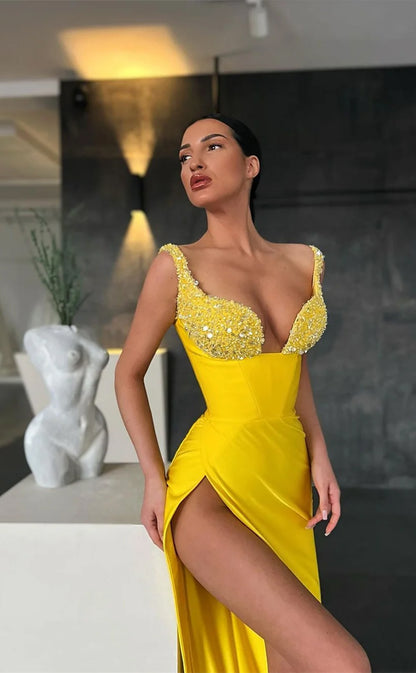 RP713-Gorgeous Yellow Mermaid Spaghetti Beads Sequins Sleeveless Long Prom Evening Dresses Formal Party Gowns With Slit