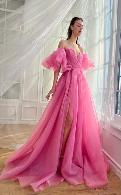 RP158-Pink A-Line Sweetheart Puffy Short Sleeves Long Prom Evening Dresses Formal Party Gowns With Slit