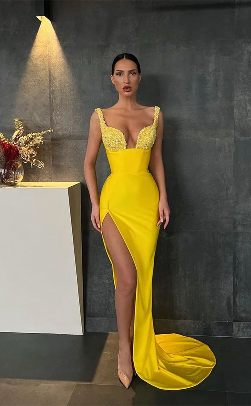 RP713-Gorgeous Yellow Mermaid Spaghetti Beads Sequins Sleeveless Long Prom Evening Dresses Formal Party Gowns With Slit