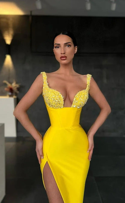 RP713-Gorgeous Yellow Mermaid Spaghetti Beads Sequins Sleeveless Long Prom Evening Dresses Formal Party Gowns With Slit