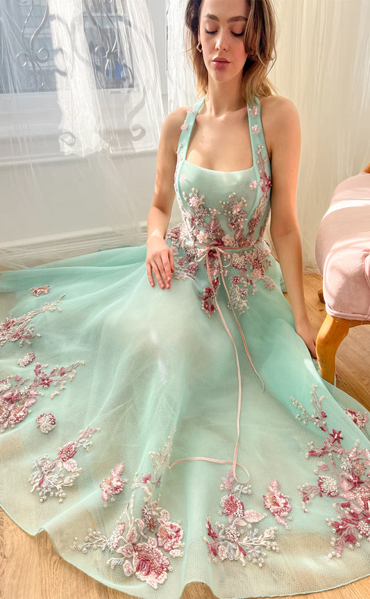 RP159-Mint A-Line Halter Appliqued Tea Length Prom Evening Dresses Formal Party Gowns