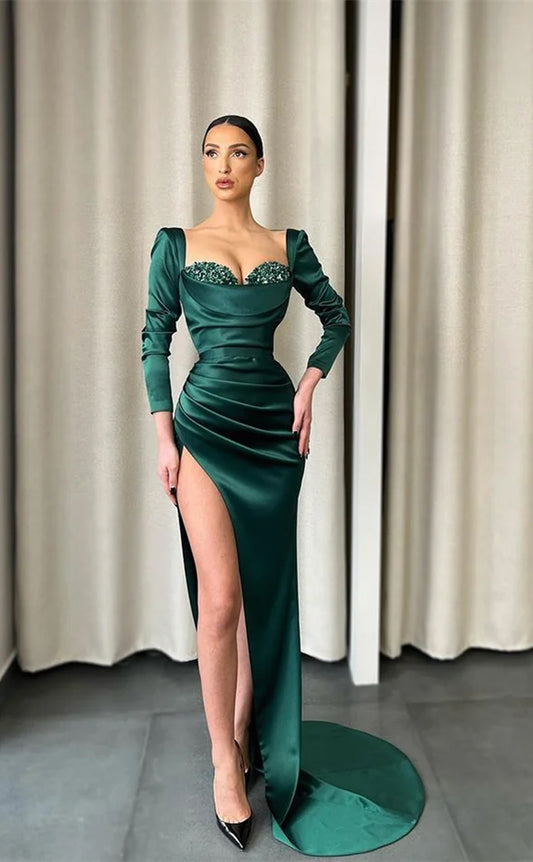 RP712-Elegant Green Mermaid Sweetheart Beads Sequins Ruched Long Sleeves Long Prom Evening Dresses Formal Party Gowns With Slit