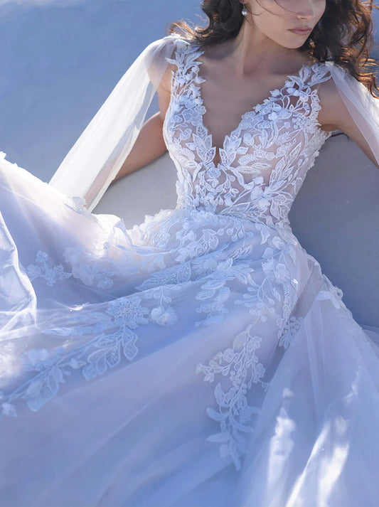 Charming & Elegant A-Line Beach Wedding Dresses V-Neck Appliqued Tulle Sweep Train Bridal Gowns