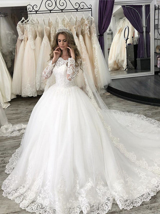 Romantic Ball Gown Off The Shoulder Appliqued Beads Illusion Long Sleeves Court Train Tulle Bridal Gowns Custom Made