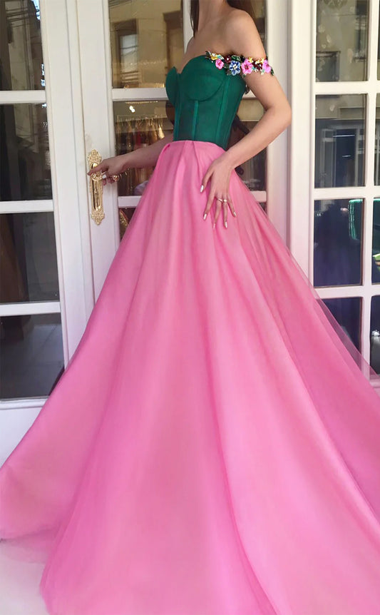 RP178-Pink and Green A-Line Off-the-Shoulder Sleeveless Appliqued Long Prom Evening Dresses Formal Party Gowns