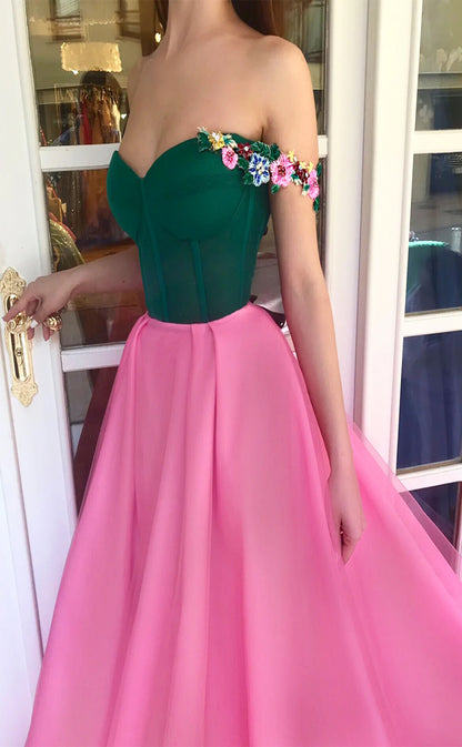 RP178-Pink and Green A-Line Off-the-Shoulder Sleeveless Appliqued Long Prom Evening Dresses Formal Party Gowns