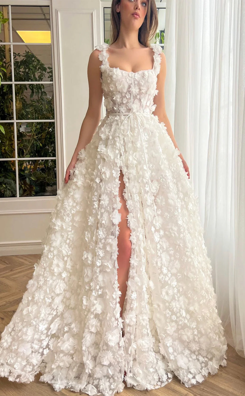 RP161-White A-Line Spaghetti Sleeveless 3D Flowers Long Prom Evening Dresses Formal Party Gowns With Slit